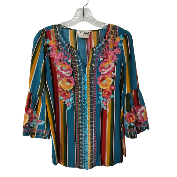 Savanna Jane Tops - 3204) Savanna Jane Multicolor Embroidery Stripe Boho Bell Sleeve Blouse Small